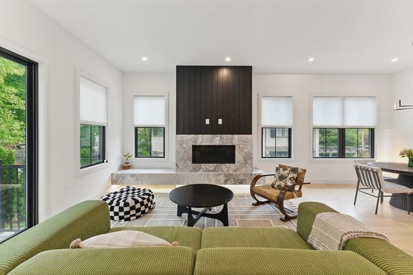 Dining room, Fireplace, Interior, Living room, Recessed Lighting