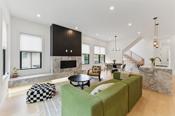 Dining room, Fireplace, Interior, Living room, Pendant Lights, Recessed Lighting, Wood Texture Flooring