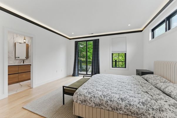 Bedroom, Interior, Recessed Lighting, Wood Texture Flooring