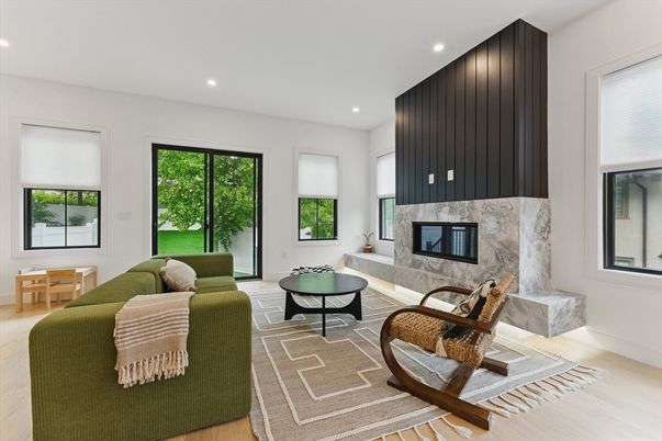 Fireplace, Interior, Living room, Recessed Lighting, Wood Texture Flooring