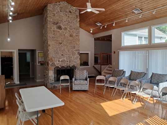 Fireplace, Interior, Living room, Pendant Lights, Stone Walls, Wooden Ceilings, Wood Texture Flooring