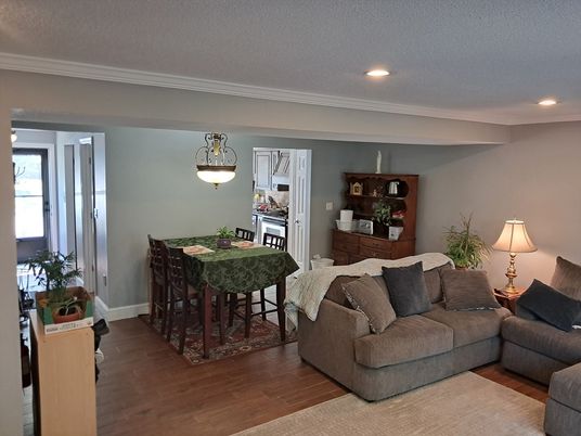 Dining room, Interior, Living room, Recessed Lighting, Wood Texture Flooring
