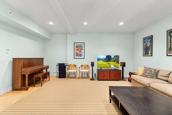 Interior, Living room, Piano, Recessed Lighting, Wood Texture Flooring