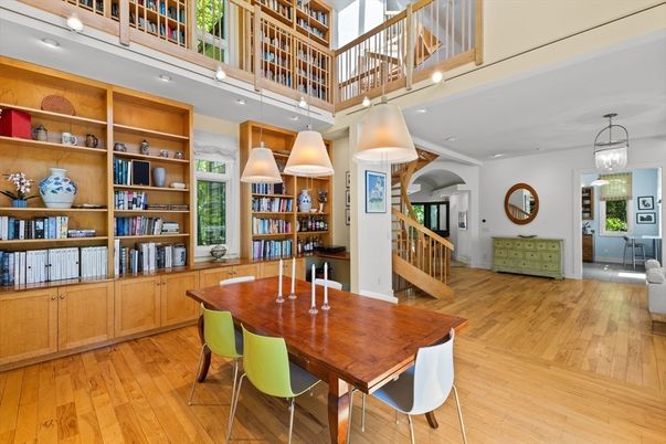 Dining room, Interior, Pendant Lights, Recessed Lighting, Wood Texture Flooring