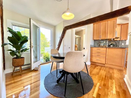Dining room, Interior, Pendant Lights, Wood Texture Flooring