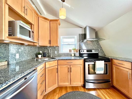 Interior, Kitchen, Pendant Lights, Stainless Steel Appliances, Wood Texture Flooring
