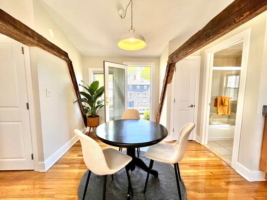 Dining room, Interior, Pendant Lights, Wood Texture Flooring