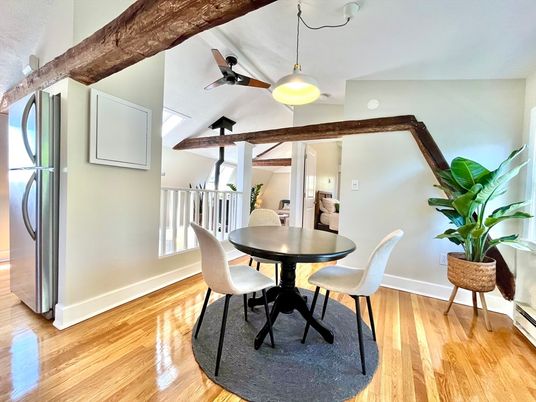 Dining room, Interior, Pendant Lights, Wooden Beams, Wood Texture Flooring