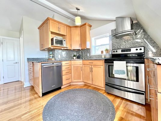Interior, Kitchen, Pendant Lights, Stainless Steel Appliances, Wood Texture Flooring