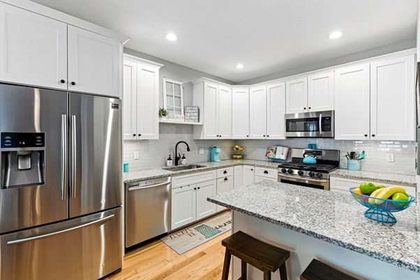 Interior, Kitchen, Recessed Lighting, Stainless Steel Appliances, Wood Texture Flooring