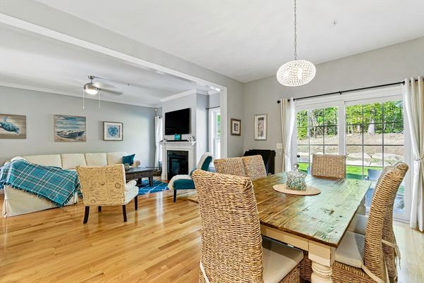 Dining room, Fireplace, Interior, Living room, Pendant Lights, Wood Texture Flooring