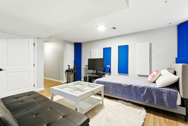 Bedroom, Interior, Recessed Lighting, Wood Texture Flooring