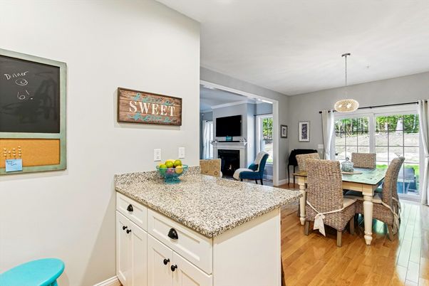Dining room, Fireplace, Interior, Pendant Lights, Wood Texture Flooring