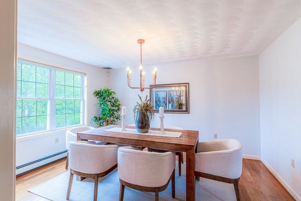 Dining room, Interior, Pendant Lights, Wood Texture Flooring