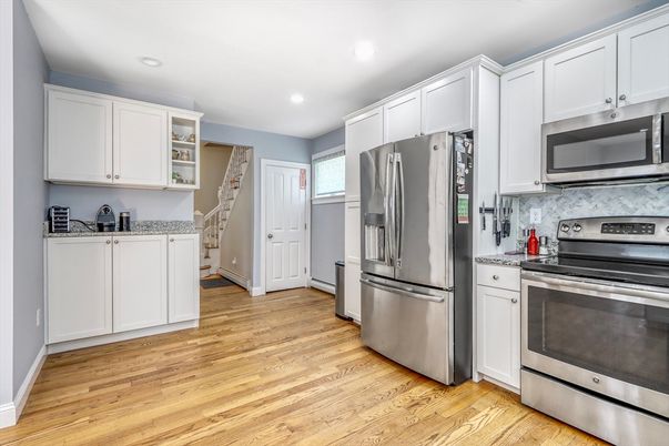 Interior, Kitchen, Recessed Lighting, Stainless Steel Appliances, Wood Texture Flooring