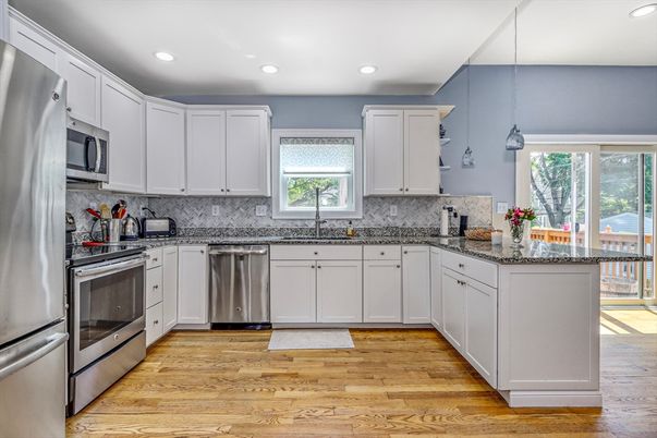 Interior, Kitchen, Pendant Lights, Recessed Lighting, Stainless Steel Appliances, Wood Texture Flooring