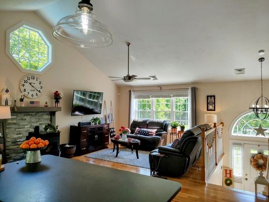 Fireplace, Interior, Living room, Pendant Lights, Wood Texture Flooring