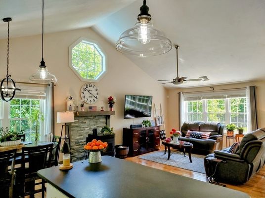 Dining room, Fireplace, Interior, Living room, Pendant Lights