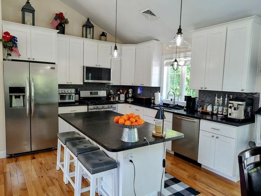 Interior, Kitchen, Pendant Lights, Stainless Steel Appliances, Wood Texture Flooring