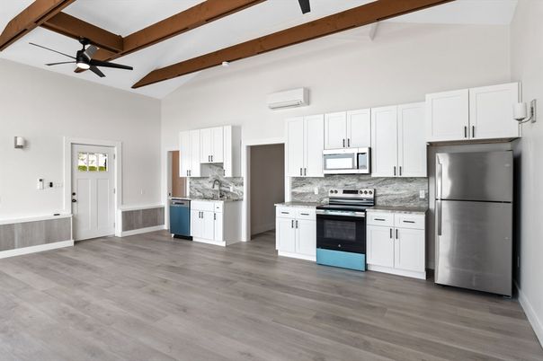 Interior, Kitchen, Stainless Steel Appliances, Wooden Beams, Wood Texture Flooring