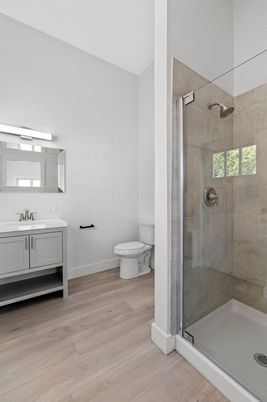 Bathroom, Glass Shower, Interior, Wood Texture Flooring