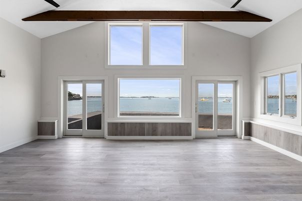 Empty room, Interior, Water, Wooden Beams, Wood Texture Flooring