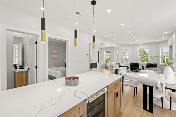 Dining room, Interior, Kitchen, Living room, Pendant Lights, Recessed Lighting, Wood Texture Flooring