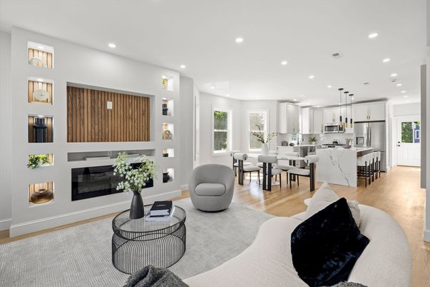 Dining room, Fireplace, Interior, Kitchen, Living room, Pendant Lights, Recessed Lighting, Stainless Steel Appliances, Wood Texture Flooring