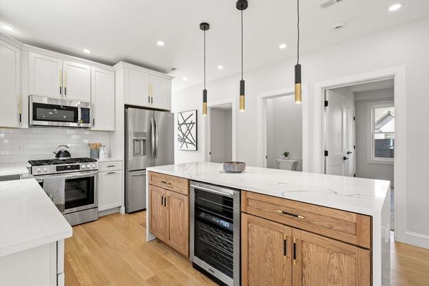 Interior, Kitchen, Pendant Lights, Recessed Lighting, Stainless Steel Appliances, Wood Texture Flooring