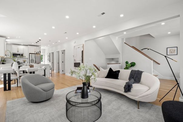 Dining room, Interior, Kitchen, Living room, Pendant Lights, Recessed Lighting, Stainless Steel Appliances, Wood Texture Flooring