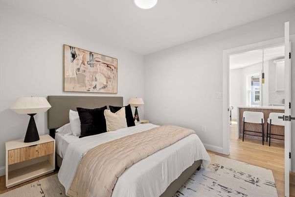 Bedroom, Interior, Pendant Lights, Recessed Lighting, Wood Texture Flooring