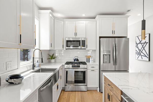 Interior, Kitchen, Recessed Lighting, Stainless Steel Appliances, Wood Texture Flooring