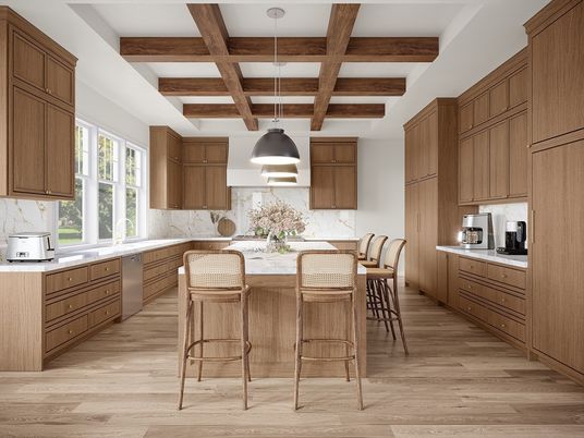 Interior, Kitchen, Pendant Lights, Stainless Steel Appliances, Wooden Beams, Wood Texture Flooring