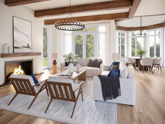 Chandelier, Dining room, Fireplace, Interior, Living room, Pendant Lights, Wooden Beams, Wood Texture Flooring