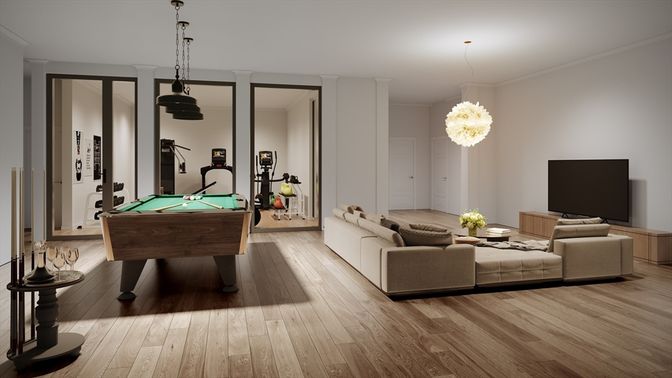 Billiard Table, Game Room, Interior, Living room, Pendant Lights, Wood Texture Flooring
