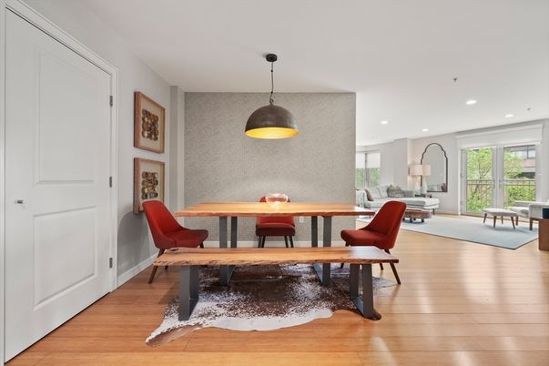 Dining room, Interior, Living room, Pendant Lights, Recessed Lighting, Wood Texture Flooring