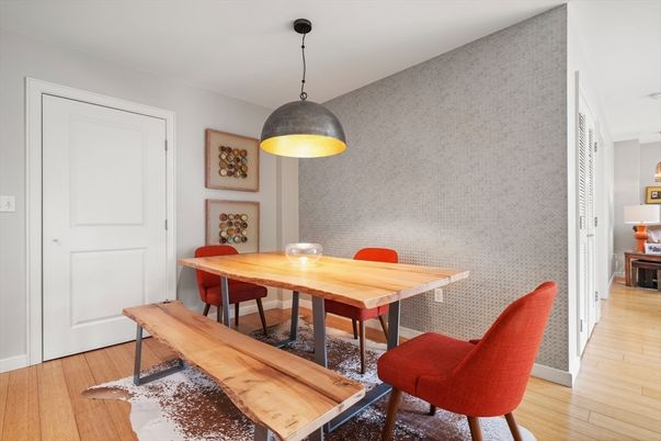 Dining room, Interior, Pendant Lights, Wood Texture Flooring
