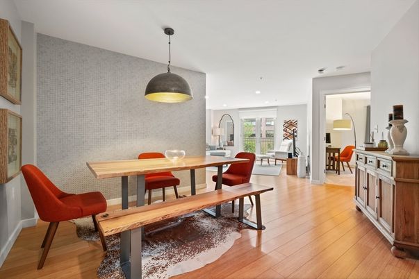 Dining room, Interior, Living room, Pendant Lights, Recessed Lighting, Wood Texture Flooring