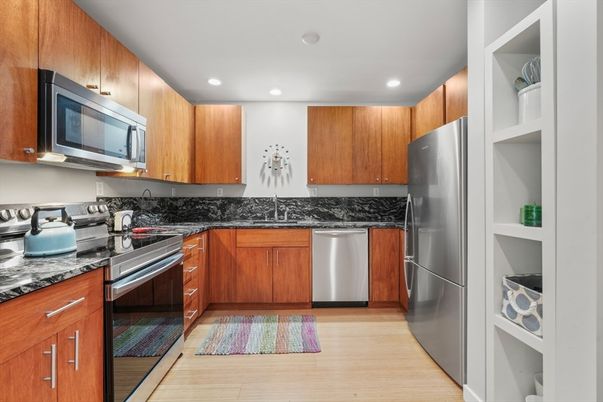 Interior, Kitchen, Recessed Lighting, Stainless Steel Appliances, Wood Texture Flooring