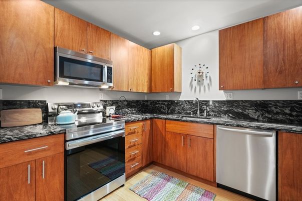 Interior, Kitchen, Recessed Lighting, Stainless Steel Appliances, Wood Texture Flooring