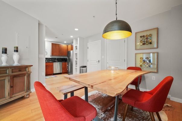Dining room, Interior, Kitchen, Pendant Lights, Recessed Lighting, Stainless Steel Appliances, Wood Texture Flooring
