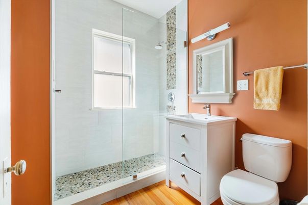 Bathroom, Glass Shower, Interior, Wood Texture Flooring