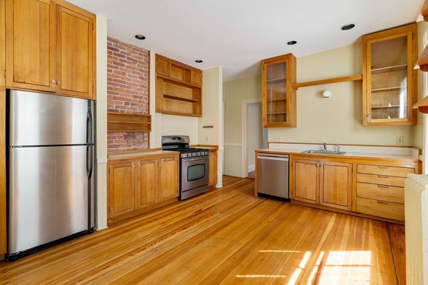 Interior, Kitchen, Recessed Lighting, Stainless Steel Appliances, Stone Walls, Wood Texture Flooring
