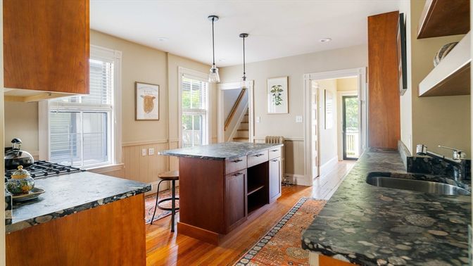 Interior, Kitchen, Pendant Lights, Recessed Lighting, Wood Texture Flooring