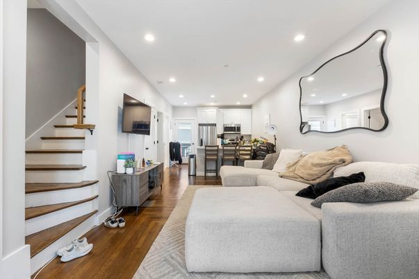 Interior, Kitchen, Living room, Recessed Lighting, Stainless Steel Appliances, Wood Texture Flooring