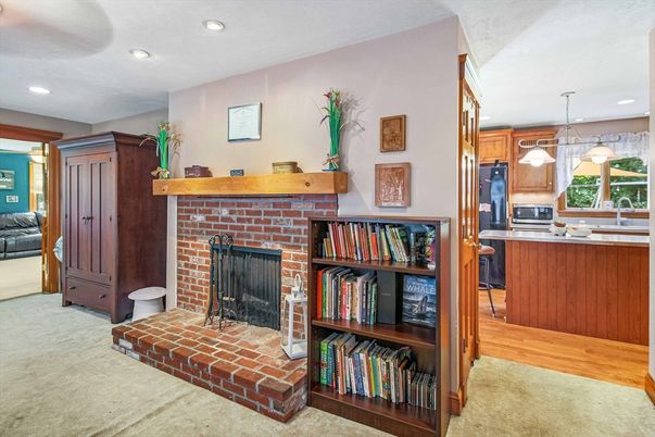 Fireplace, Interior, Kitchen, Pendant Lights, Recessed Lighting, Stone Walls
