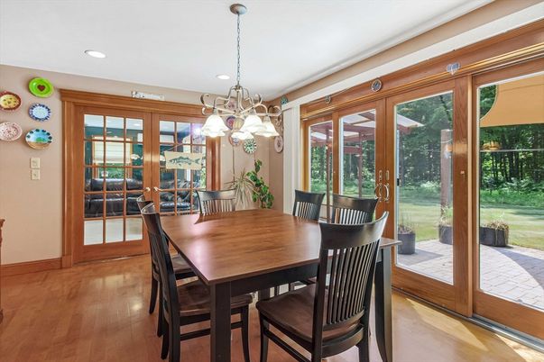 Chandelier, Dining room, Interior, Pendant Lights, Recessed Lighting, Wood Texture Flooring