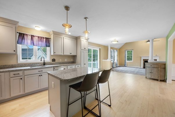 Fireplace, Interior, Kitchen, Pendant Lights, Wood Texture Flooring