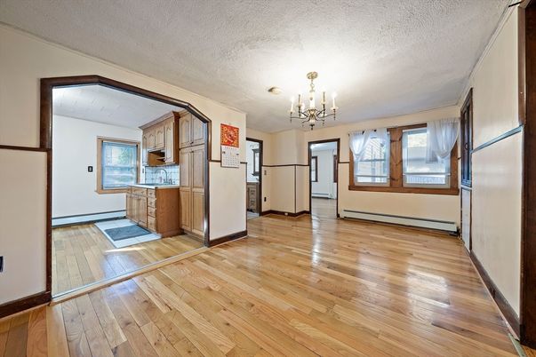 Chandelier, Empty room, Interior, Kitchen, Wood Texture Flooring