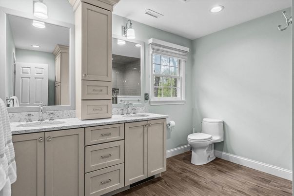 Bathroom, Dual Sink Vanities, Interior, Recessed Lighting, Wood Texture Flooring